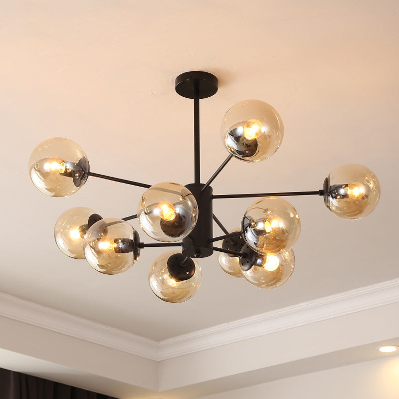 Black Metal Hanging Chandelier Light With Spherical Glass Shade For Modern Bedroom 10 / Amber