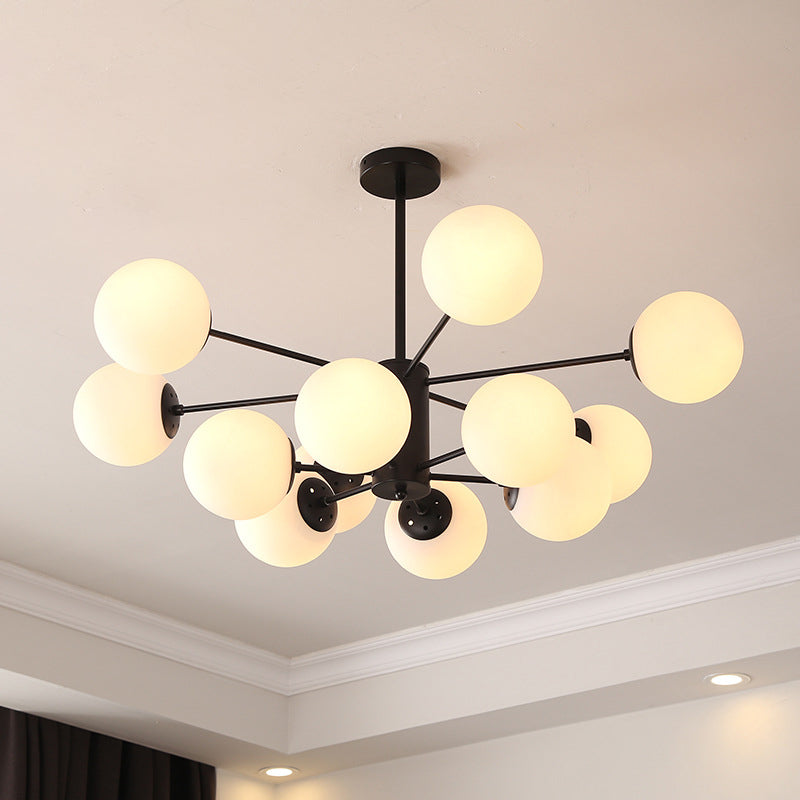 Black Metal Hanging Chandelier Light With Spherical Glass Shade For Modern Bedroom 12 / Milk White