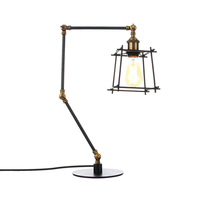 Vintage Metal Trapezoid Cage Table Lamp With Adjustable Arm - Black/Brass Finish