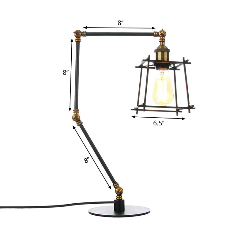 Vintage Metal Trapezoid Cage Table Lamp With Adjustable Arm - Black/Brass Finish