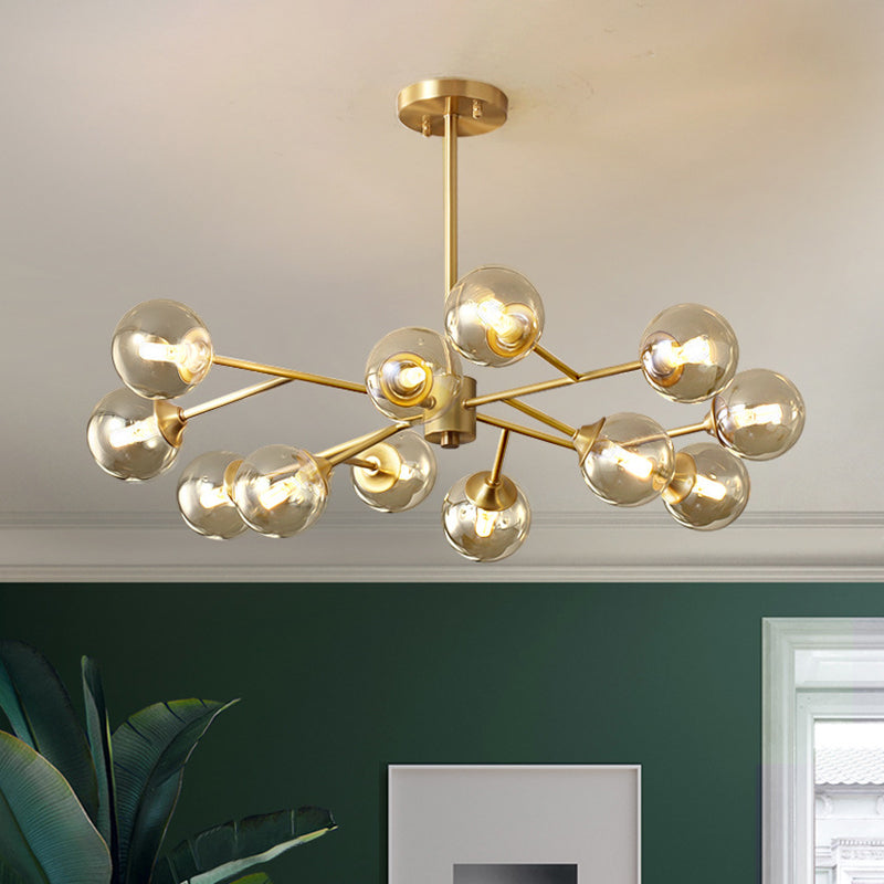 Modern Gold Metal Chandelier With Amber Glass Shade For Bedroom Ceiling