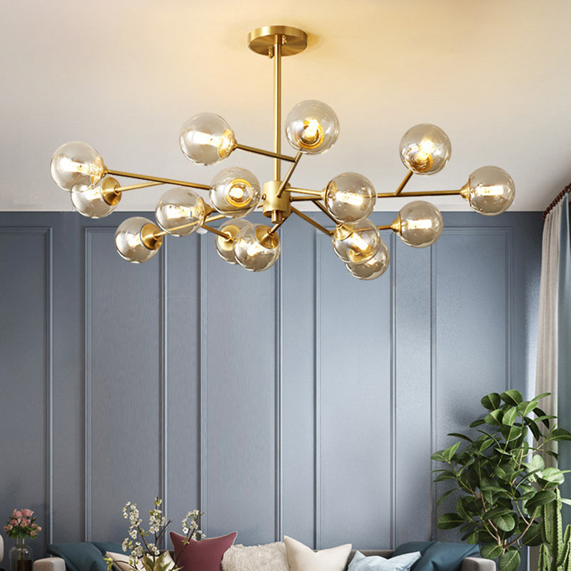 Modern Gold Metal Chandelier With Amber Glass Shade For Bedroom Ceiling