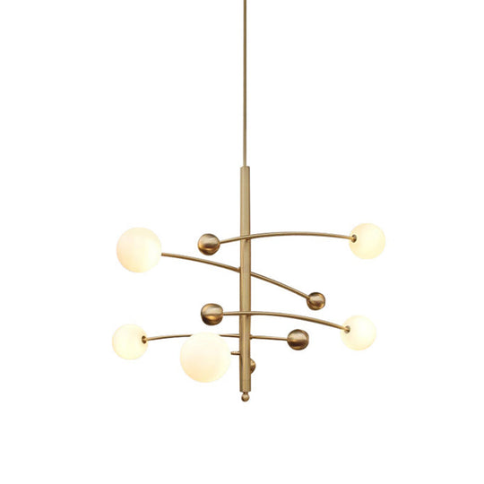 Modern Gold Hanging Chandelier Light With Opal Glass Shade - 5 Ceiling Fixture For Bedroom