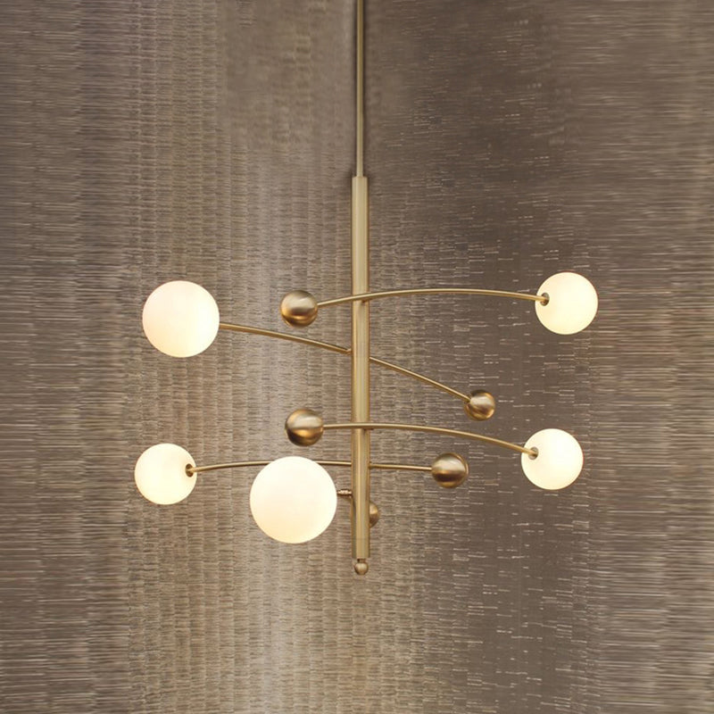 Modern Gold Hanging Chandelier Light With Opal Glass Shade - 5 Ceiling Fixture For Bedroom