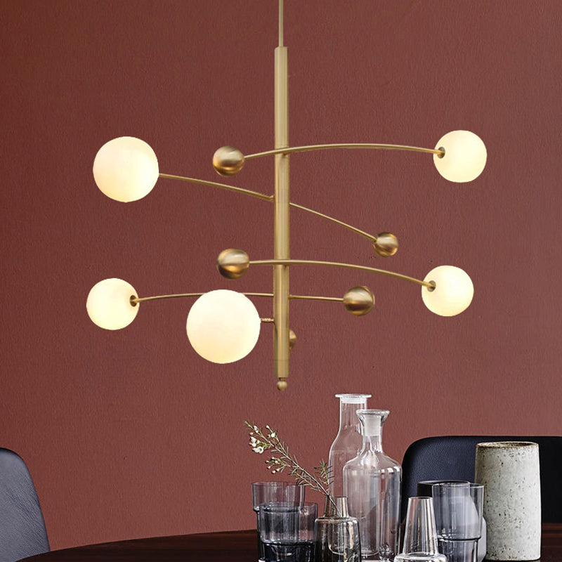 Modern Gold Hanging Chandelier Light With Opal Glass Shade - 5 Ceiling Fixture For Bedroom