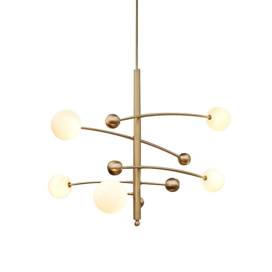 Modern Gold Hanging Chandelier Light With Opal Glass Shade - 5 Ceiling Fixture For Bedroom