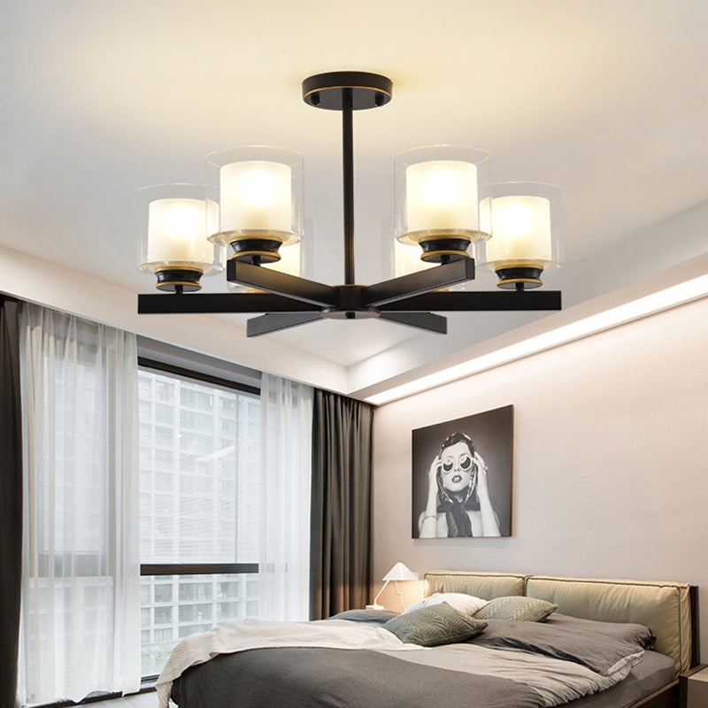 Modern Metal Chandelier With Cylinder Glass Shade - Stylish Suspension Lighting For Bedroom