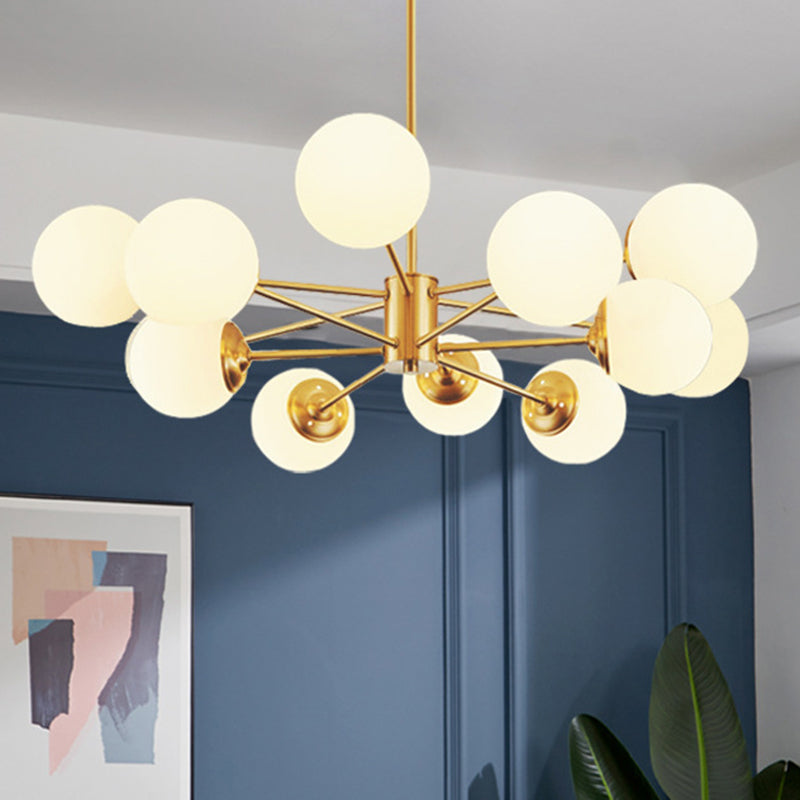 Gold Metal Hanging Chandelier With Opal Glass Shade For Bedroom