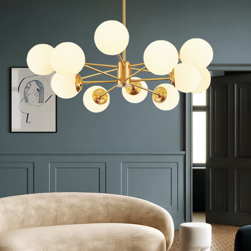 Gold Metal Hanging Chandelier With Opal Glass Shade For Bedroom