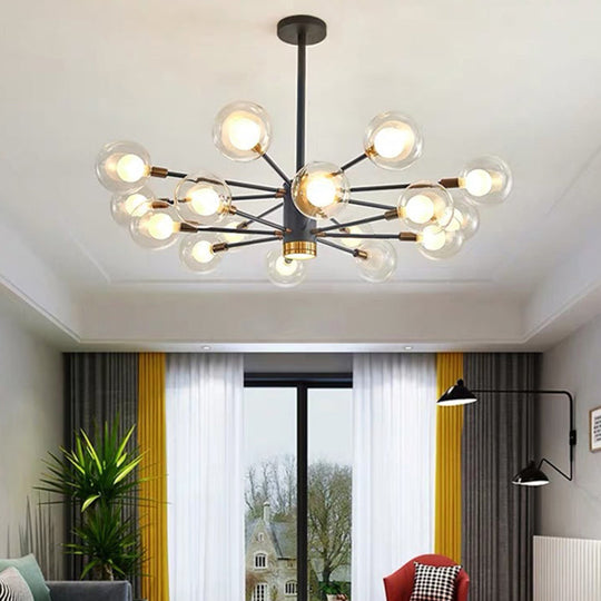 Black Modern Metal Radial Chandelier With Spherical Clear Glass Shade