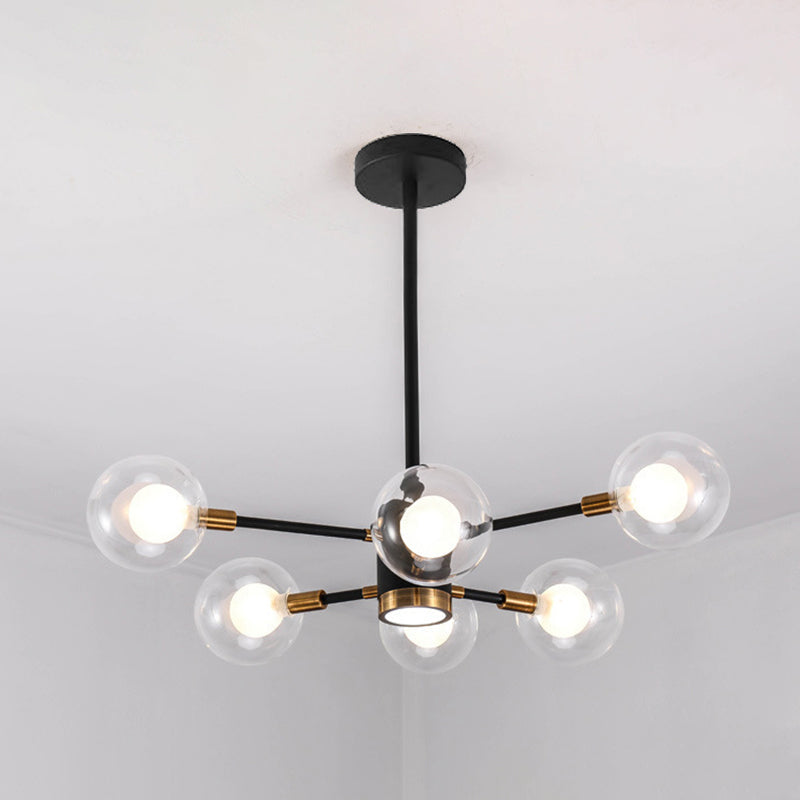 Black Modern Metal Radial Chandelier With Spherical Clear Glass Shade 6 /