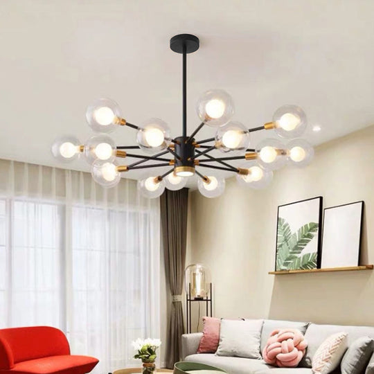 Black Modern Metal Radial Chandelier With Spherical Clear Glass Shade