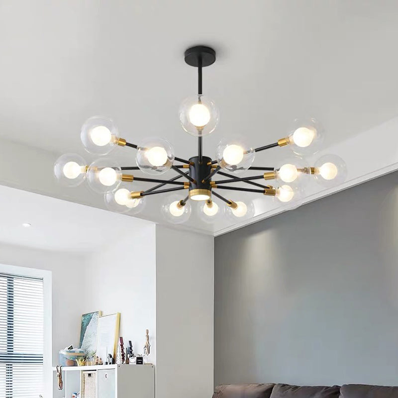 Black Modern Metal Radial Chandelier With Spherical Clear Glass Shade