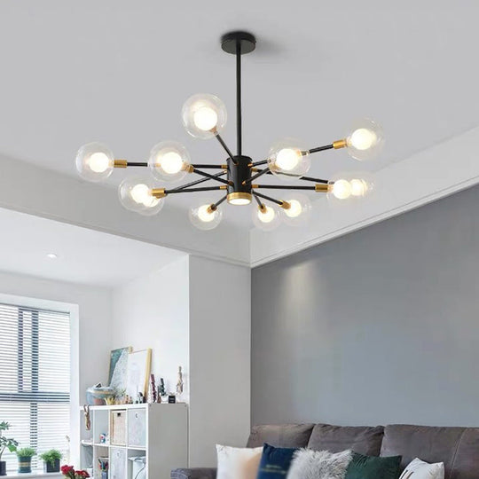 Black Modern Metal Radial Chandelier With Spherical Clear Glass Shade