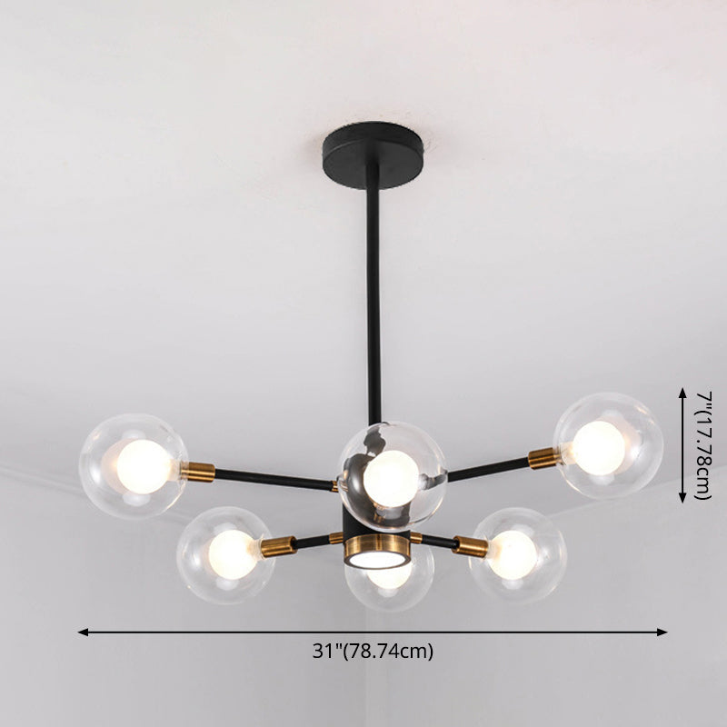 Black Modern Metal Radial Chandelier With Spherical Clear Glass Shade