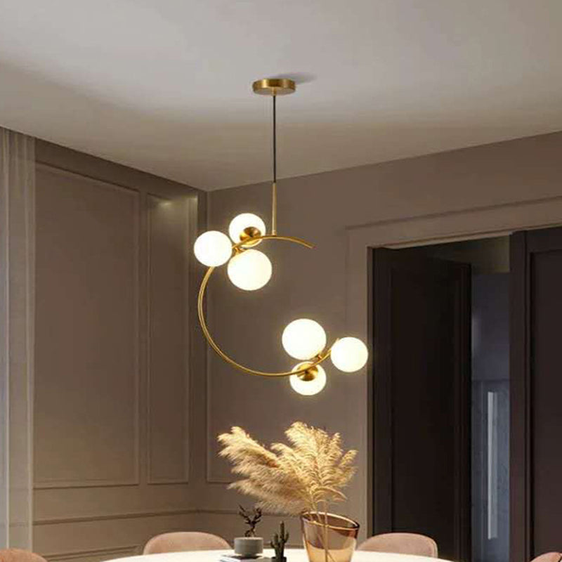 Modern Metal Hanging Chandelier In Gold With Globe Glass Shade - Bedroom Ceiling Light