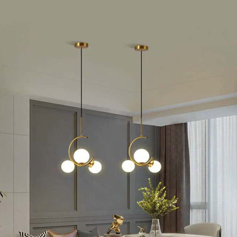 Modern Metal Hanging Chandelier In Gold With Globe Glass Shade - Bedroom Ceiling Light