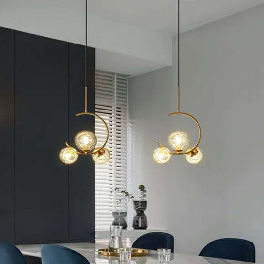 Modern Metal Hanging Chandelier In Gold With Globe Glass Shade - Bedroom Ceiling Light