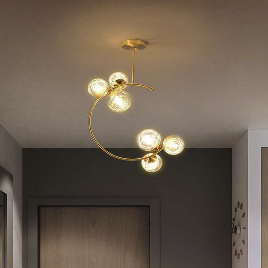 Modern Metal Hanging Chandelier In Gold With Globe Glass Shade - Bedroom Ceiling Light