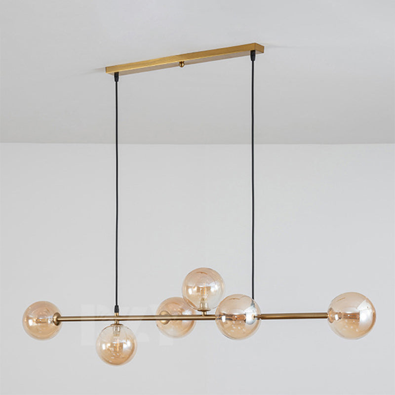 Modern Gold Metal Island Pendant Lighting With 6 Lights And Spherical Glass For Dining Table