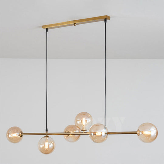 Modern Gold Metal Island Pendant Lighting With 6 Lights And Spherical Glass For Dining Table