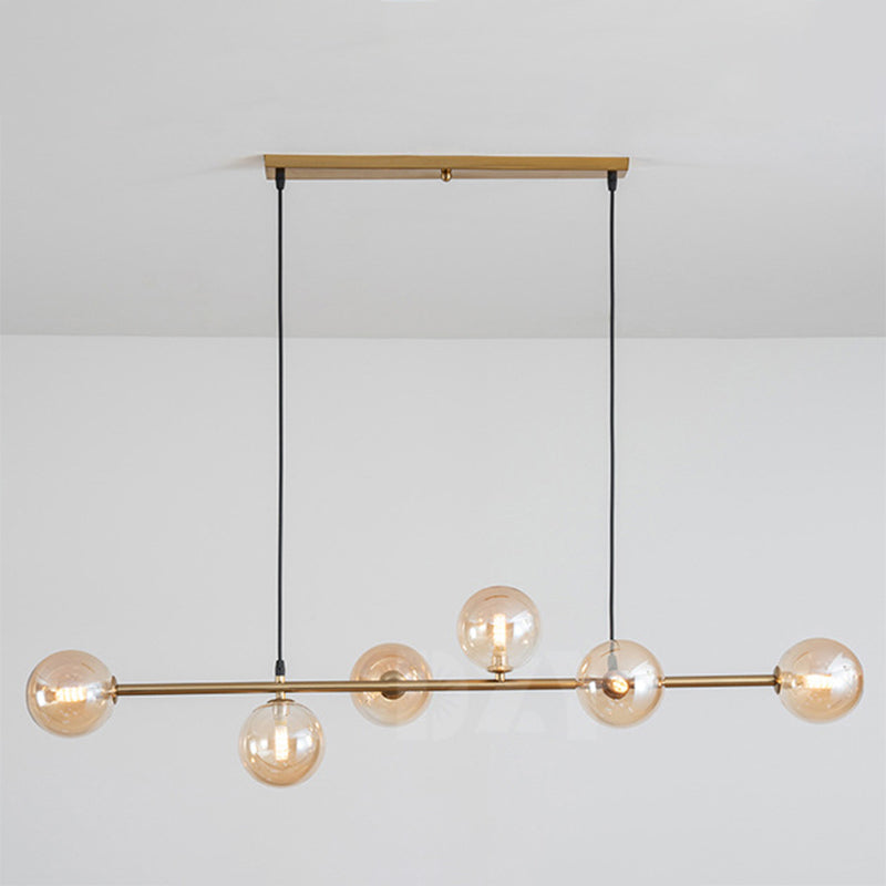 Modern Gold Metal Island Pendant Lighting With 6 Lights And Spherical Glass For Dining Table