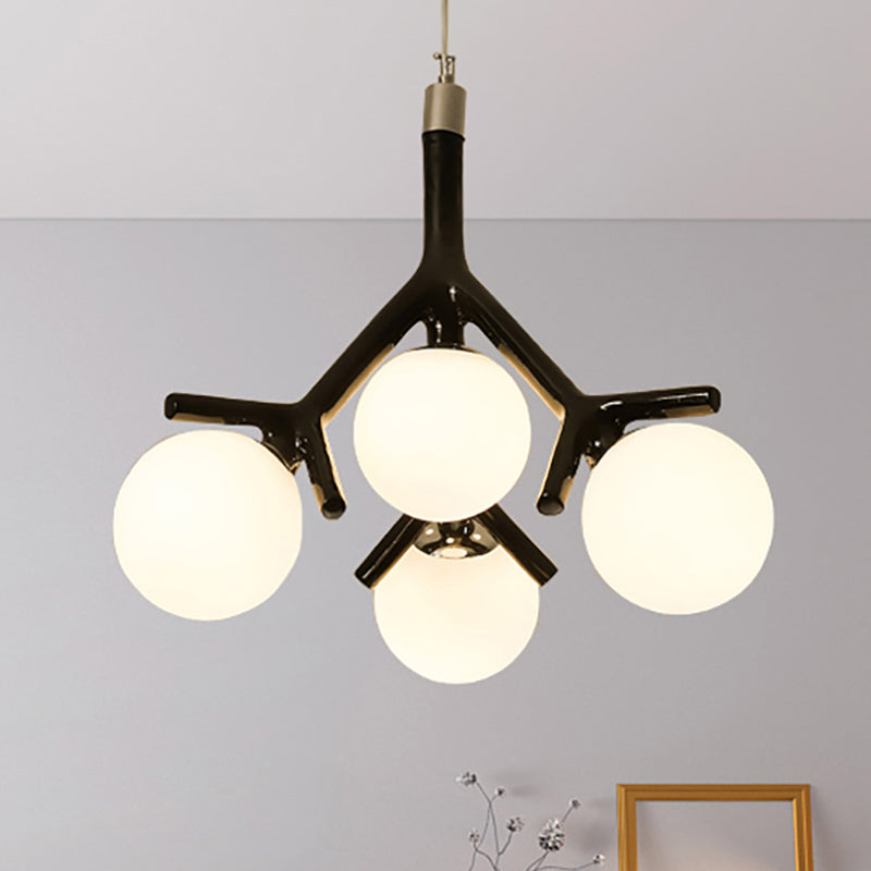 Contemporary Global Chandelier - White Glass With Branch Design 4 Lights Hanging Ceiling Fixture In