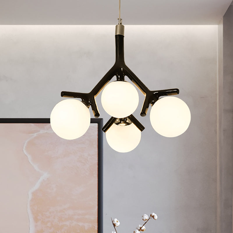 Contemporary Global Chandelier - White Glass With Branch Design 4 Lights Hanging Ceiling Fixture In