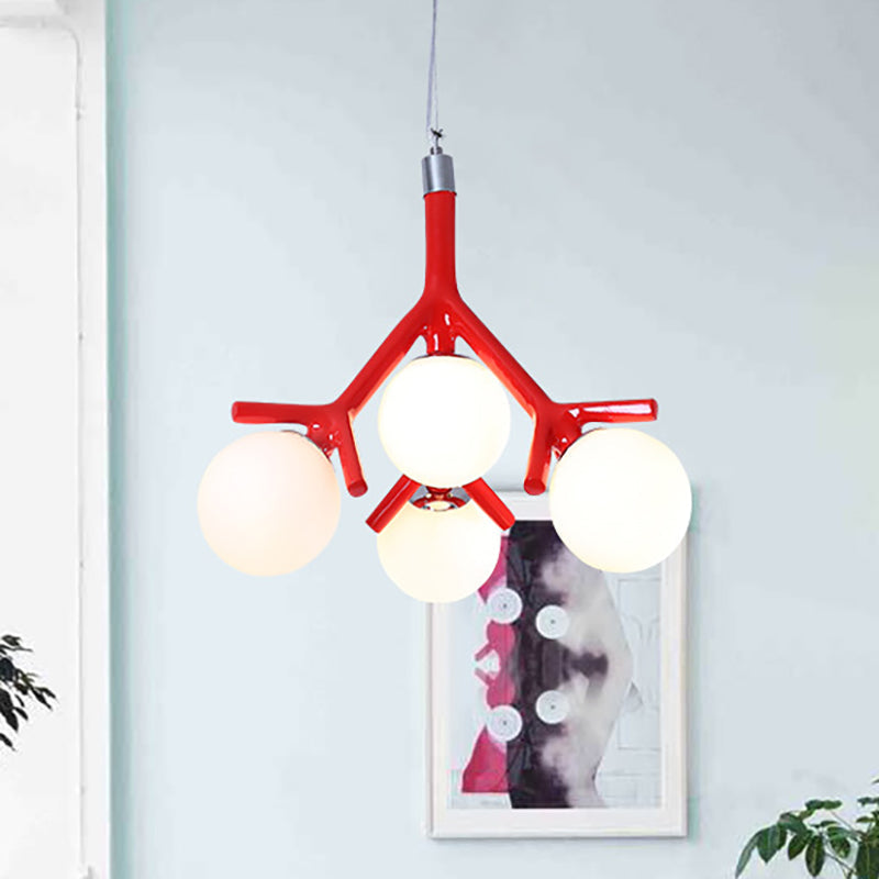 Contemporary Global 4-Light White Glass Chandelier with Branch Design - Hanging Ceiling Fixture in White/Black/Red