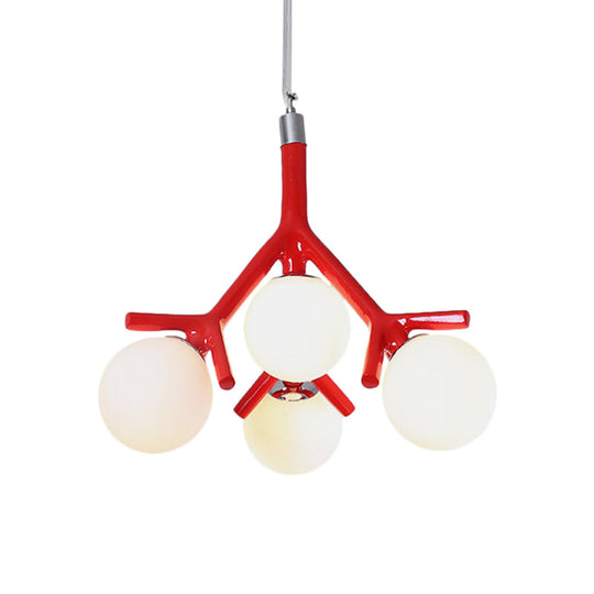 Contemporary Global Chandelier - White Glass With Branch Design 4 Lights Hanging Ceiling Fixture In