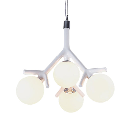 Contemporary Global Chandelier - White Glass With Branch Design 4 Lights Hanging Ceiling Fixture In