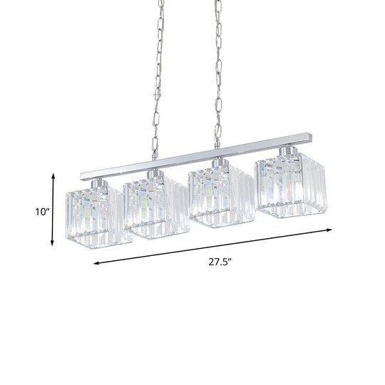 Simple Style Crystal Block Hanging Lamp Kit - 4-Light Chrome Island Fixture