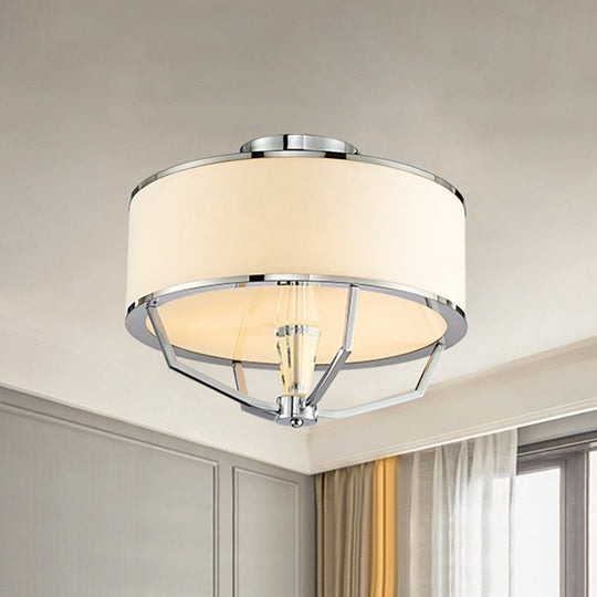 Modern Drum Semi Flush Ceiling Light with White Fabric Shade, Chrome Finish, 5 Lights