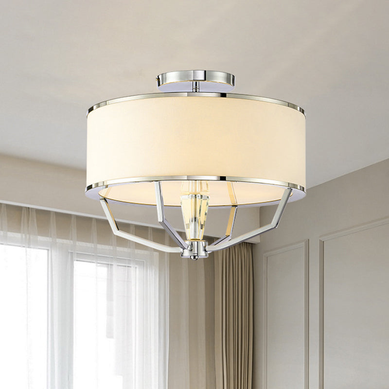 Modern Drum Semi Flush Ceiling Light with White Fabric Shade, Chrome Finish, 5 Lights