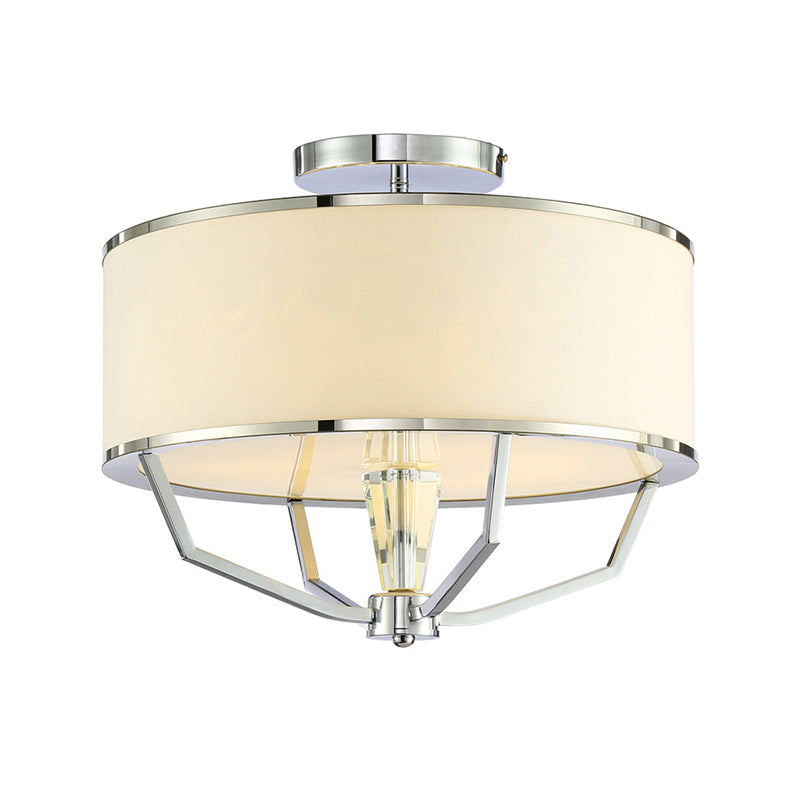 Modern Drum Semi Flush Ceiling Light with White Fabric Shade, Chrome Finish, 5 Lights