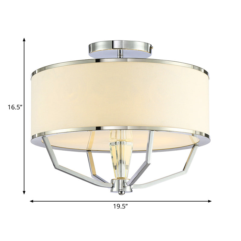 Modern Drum Semi Flush Ceiling Light with White Fabric Shade, Chrome Finish, 5 Lights