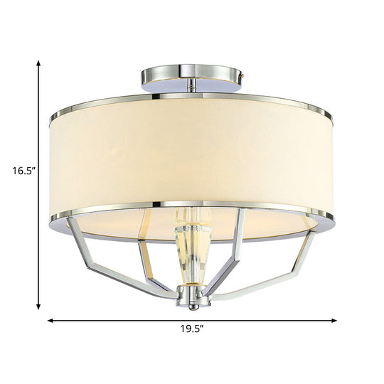 Modern Drum Semi Flush Ceiling Light with White Fabric Shade, Chrome Finish, 5 Lights