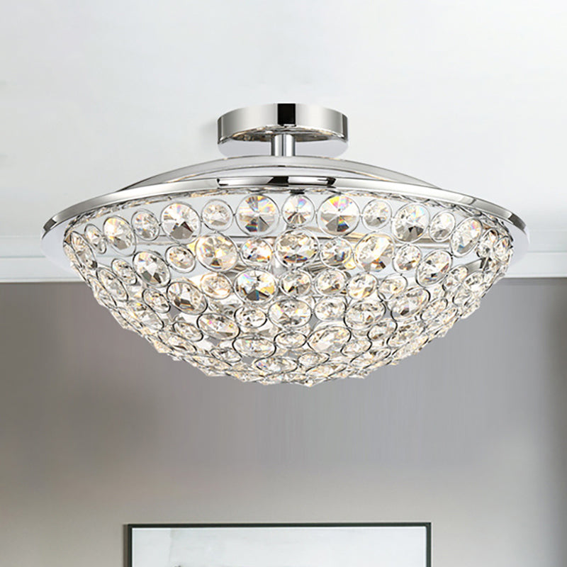 Luminaire semi-encastré de luxe moderne en forme de bol de perles de cristal en chrome poli - 4 lumières