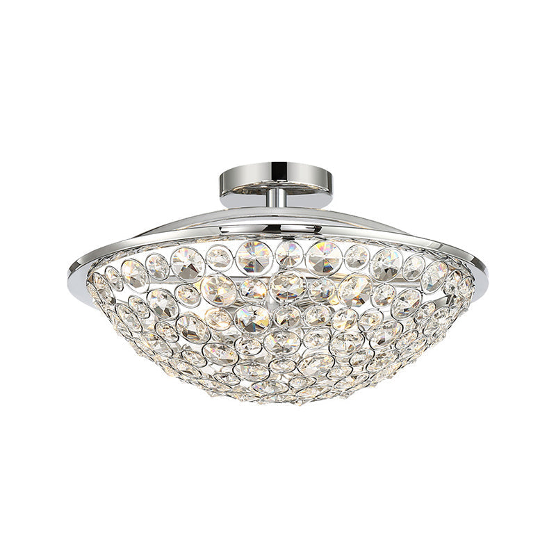 Luminaire semi-encastré de luxe moderne en forme de bol de perles de cristal en chrome poli - 4 lumières