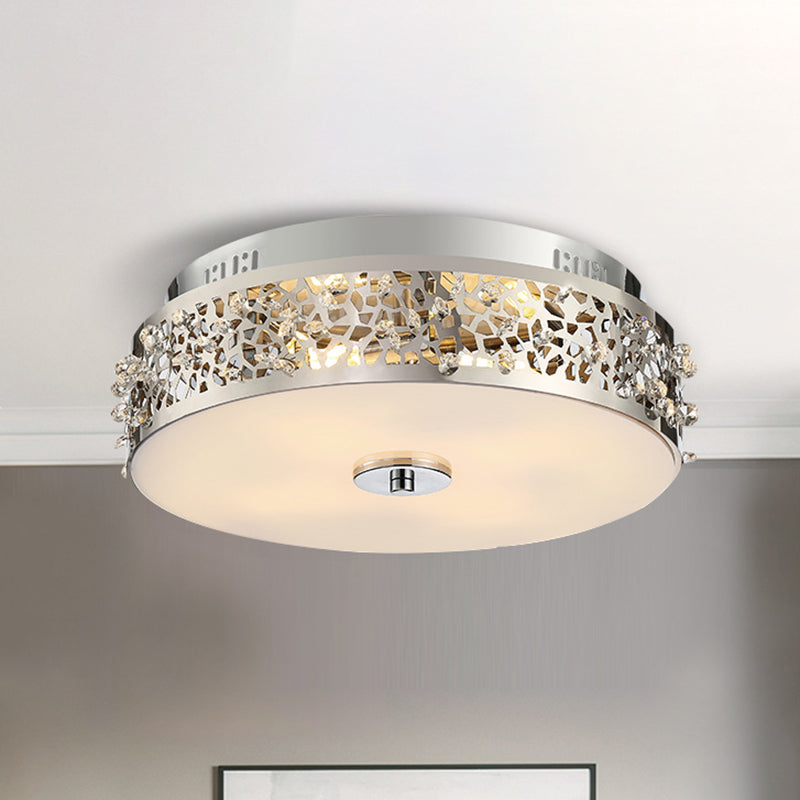 Metallic Drum Flush Lamp With Crystal Accents - 4-Light Contemporary Ceiling Mount Chrome