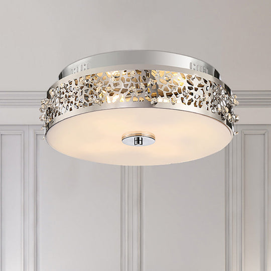 Metallic Drum Flush Lamp With Crystal Accents - 4-Light Contemporary Ceiling Mount