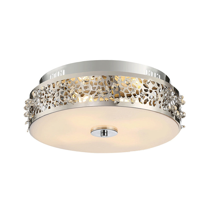 Metallic Drum Flush Lamp With Crystal Accents - 4-Light Contemporary Ceiling Mount