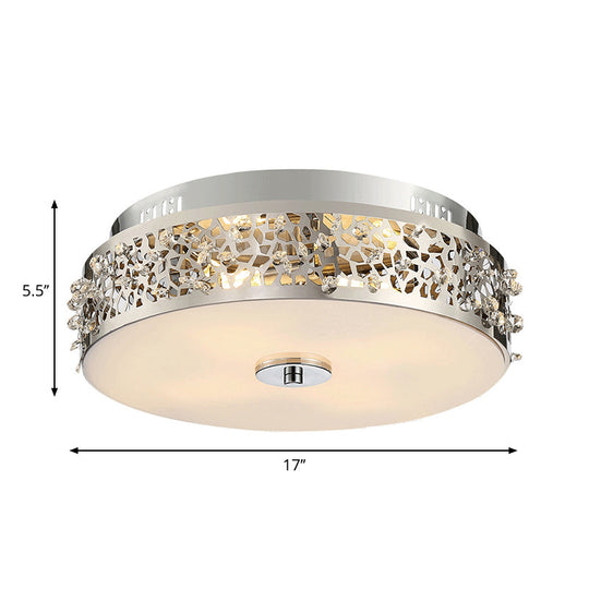 Metallic Drum Flush Lamp With Crystal Accents - 4-Light Contemporary Ceiling Mount