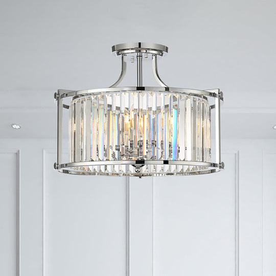 Modern Clear Crystal Drum Ceiling Light - 4-Light Chrome Semi Flushmount