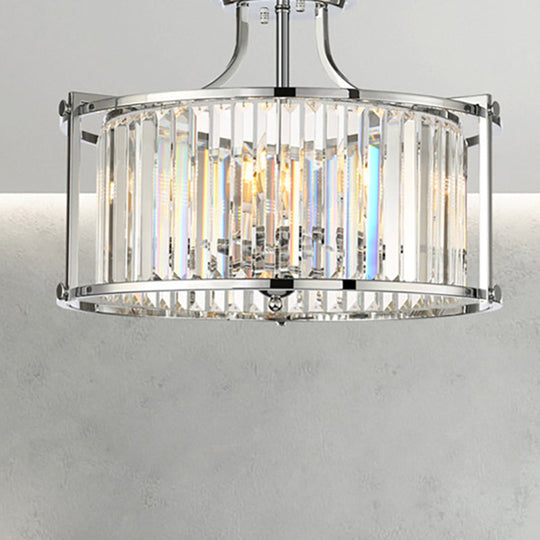 Modern Clear Crystal Drum Ceiling Light - 4-Light Chrome Semi Flushmount