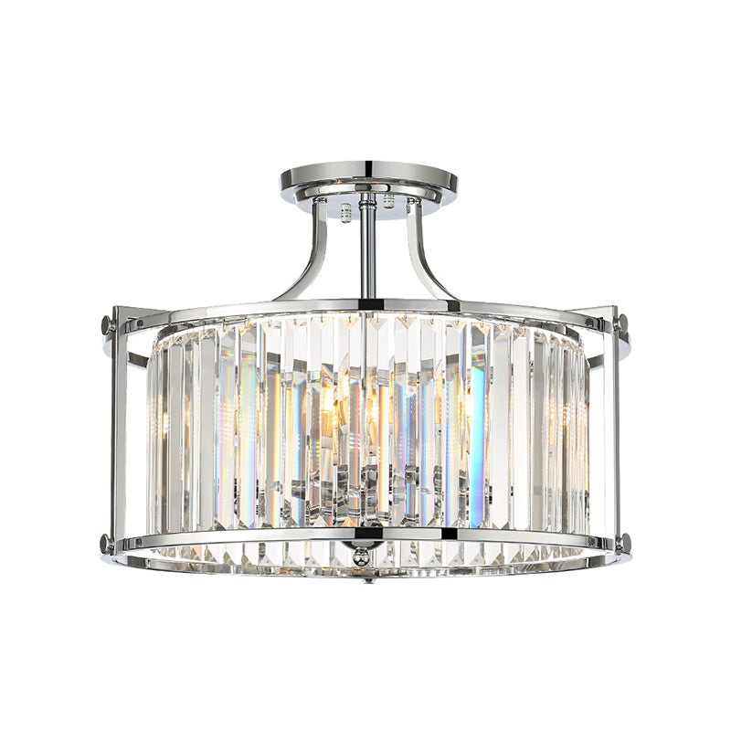 Modern Clear Crystal Drum Ceiling Light - 4-Light Chrome Semi Flushmount