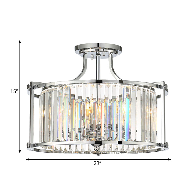 Modern Clear Crystal Drum Ceiling Light - 4-Light Chrome Semi Flushmount