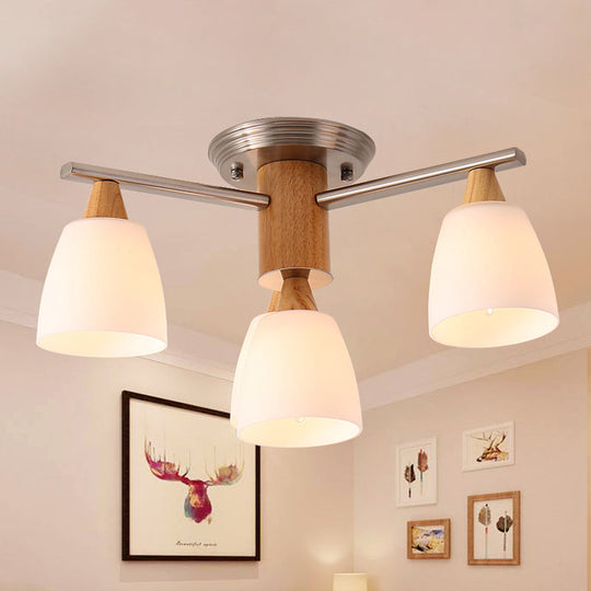 Sleek 4-Light Modern White Glass Semi Flush Mount With Wooden Accents