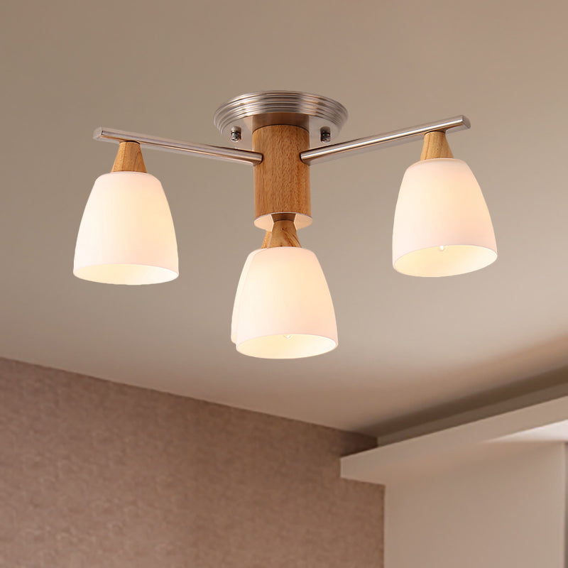 Wooden Semi Flush Mount Light with Modern White Glass Shade & 4 Tapered Lights