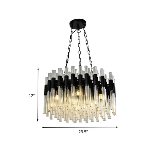 Lustre noir moderne - Kit de lampe suspendue à 8 lumières avec abat-jour tambour en cristal